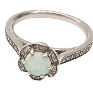 925 Sterling Silver Opal And Diamond Ring Size 6.75